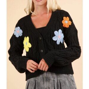Black Hand Made Flower Applique Black Knit Cardigan New Size Large